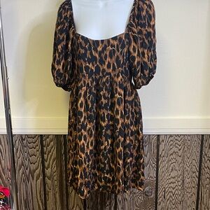 Leopard Print Deep V Dress with Puff Sleeves